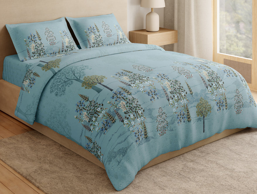 Essentials Premium 100% Cotton Large Bedsheet, 132 TC, Floral, Light Blue