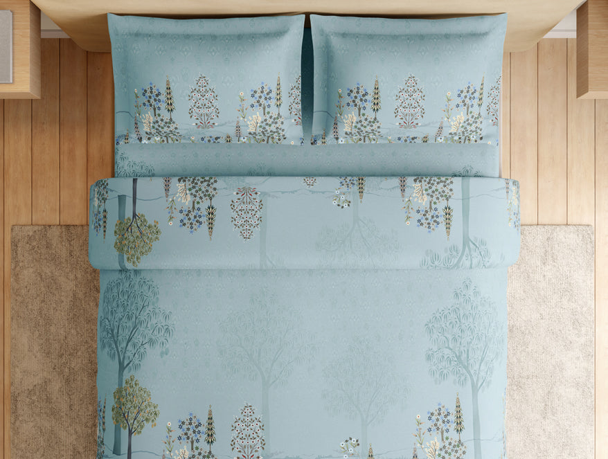 Essentials Premium 100% Cotton Large Bedsheet, 132 TC, Floral, Light Blue
