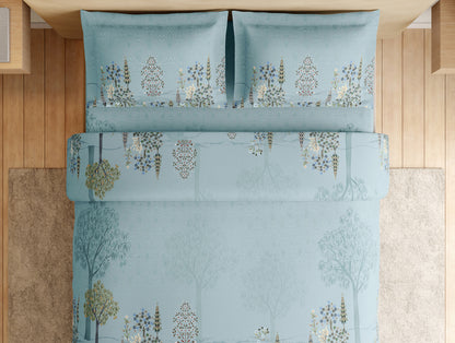 Essentials Premium 100% Cotton Large Bedsheet, 132 TC, Floral, Light Blue