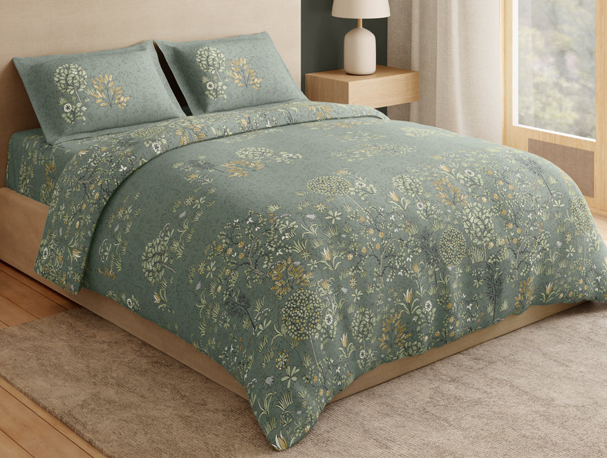 Essentials Premium 100% Cotton Large Bedsheet, 132 TC, Floral, Grey