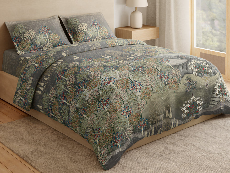 Essentials Premium 100% Cotton Large Bedsheet, 132 TC, Floral, Dark Grey