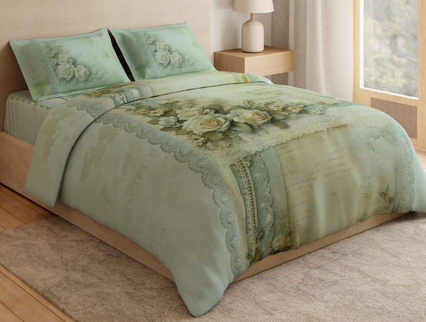 Essentials 100% Cotton Large Bedsheet, 180 TC, Floral, Light Green
