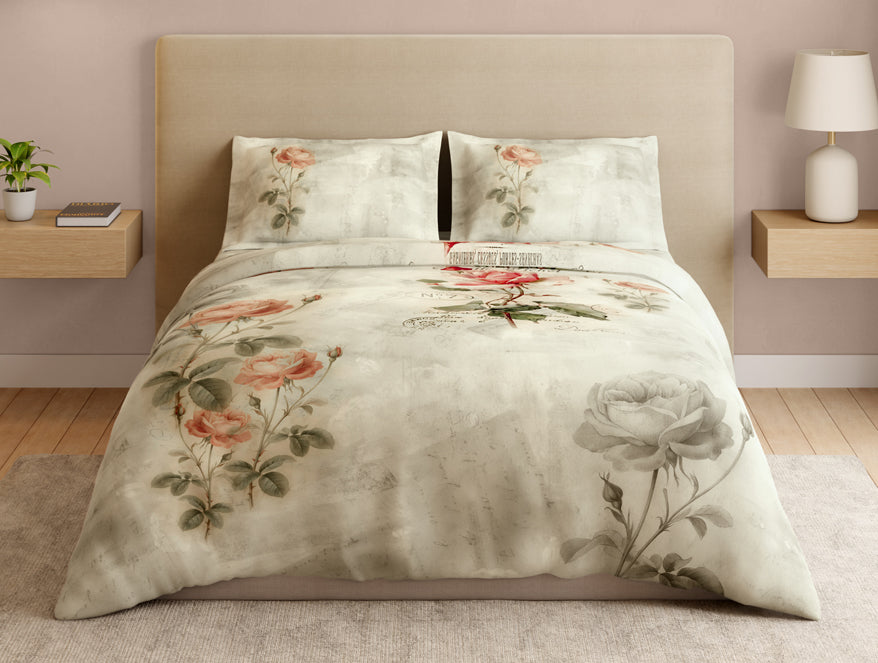 Essentials 100% Cotton Large Bedsheet, 180 TC, Floral, Cream