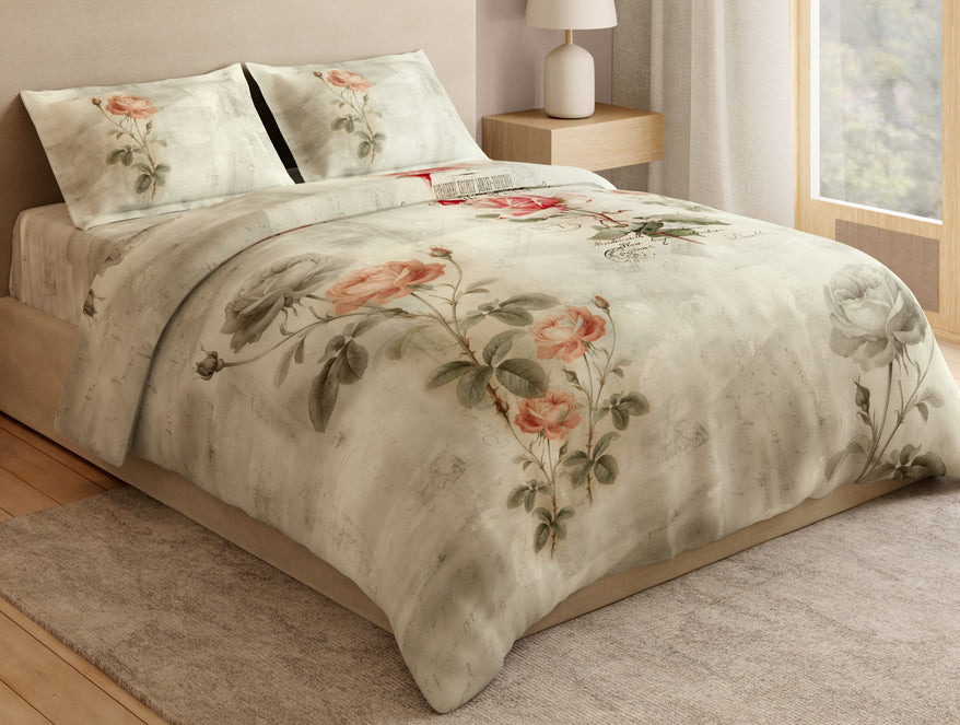 Essentials 100% Cotton Large Bedsheet, 180 TC, Floral, Cream
