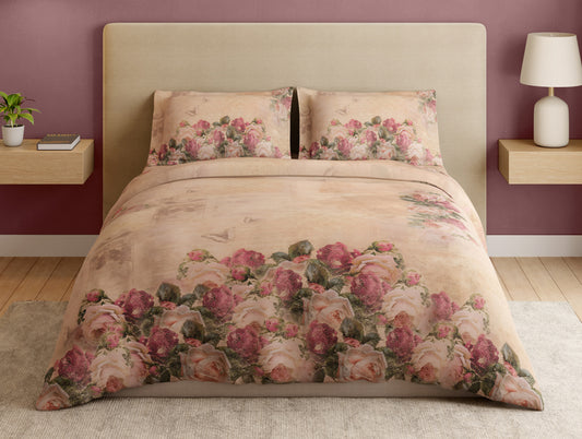 Essentials 100% Cotton Large Bedsheet, 180 TC, Floral, Beige