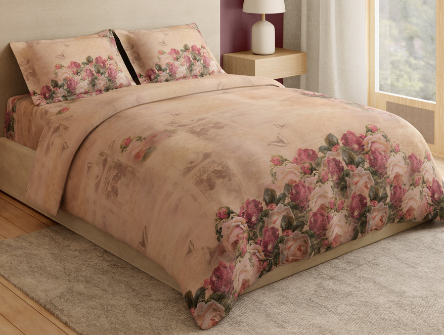 Essentials 100% Cotton Large Bedsheet, 180 TC, Floral, Beige
