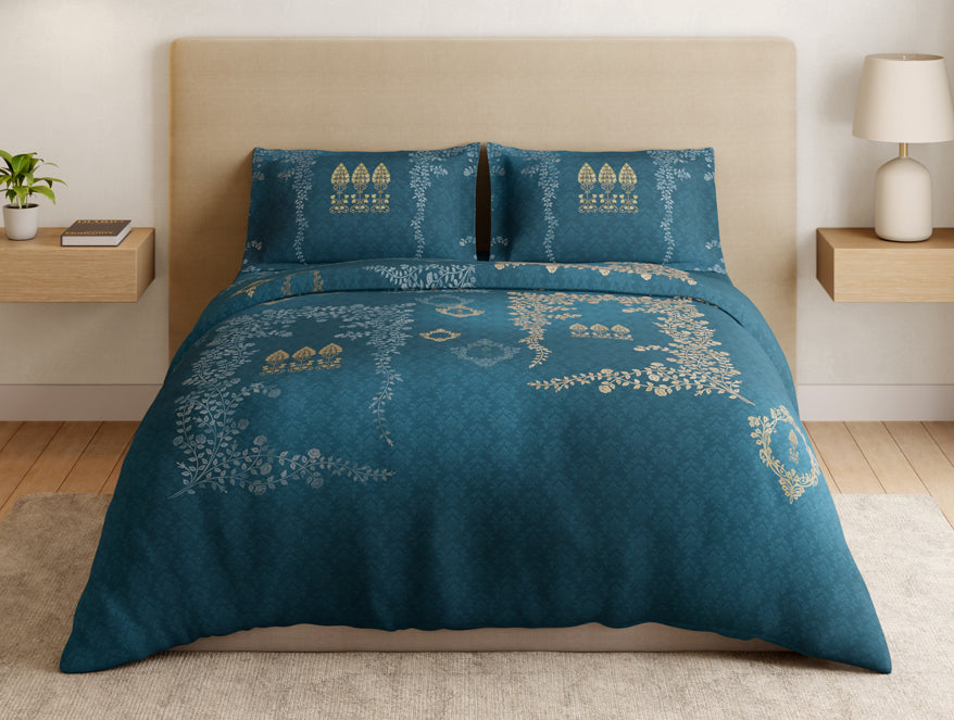 Essentials 100% Cotton Large Bedsheet, 180 TC, Ornate, Dark Teal