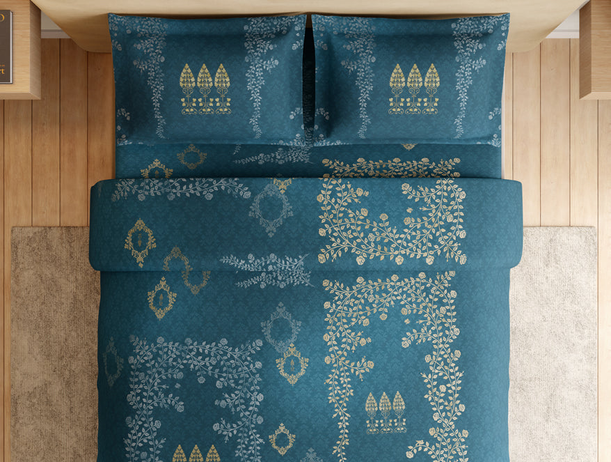 Essentials 100% Cotton Large Bedsheet, 180 TC, Ornate, Dark Teal