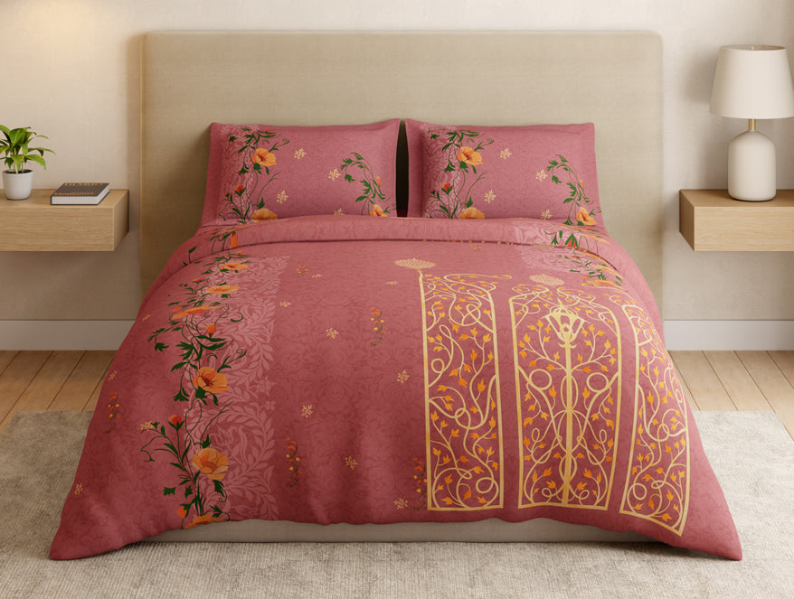 Essentials 100% Cotton Large Bedsheet, 180 TC, Ornate, Dark Blush