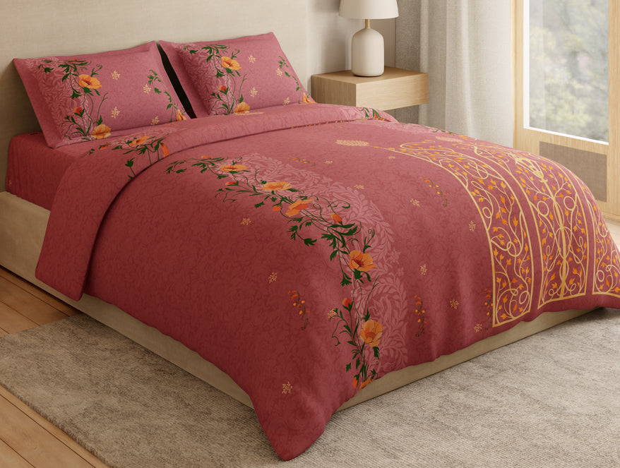 Essentials 100% Cotton Large Bedsheet, 180 TC, Ornate, Dark Blush