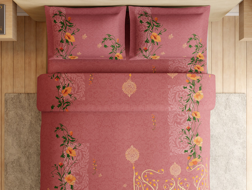 Essentials 100% Cotton Large Bedsheet, 180 TC, Ornate, Dark Blush