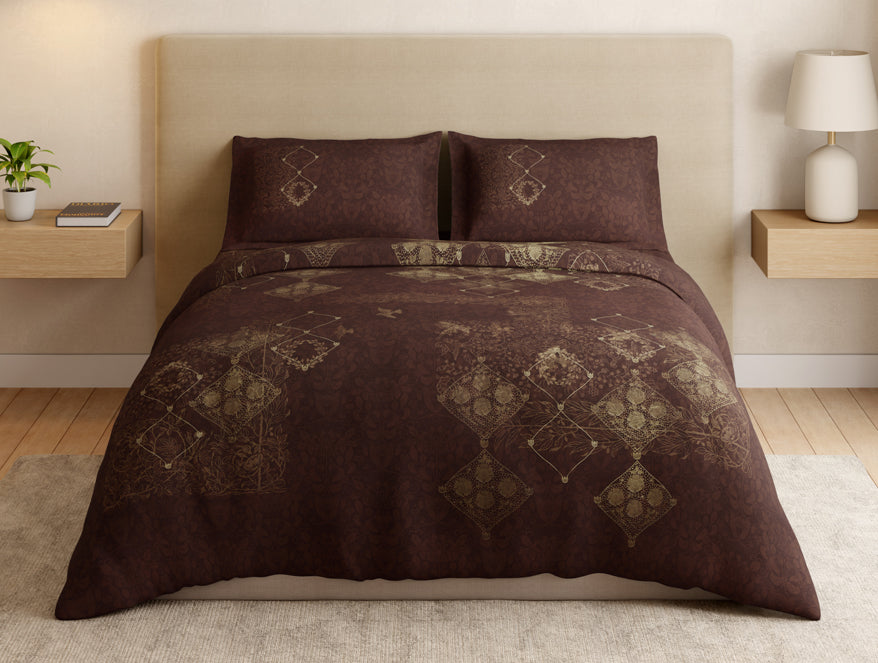 Essentials 100% Cotton Large Bedsheet, 180 TC, Ornate, Dark Brown