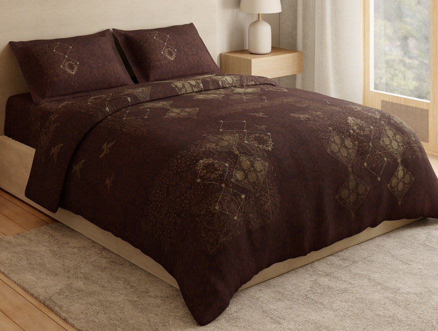 Essentials 100% Cotton Large Bedsheet, 180 TC, Ornate, Dark Brown