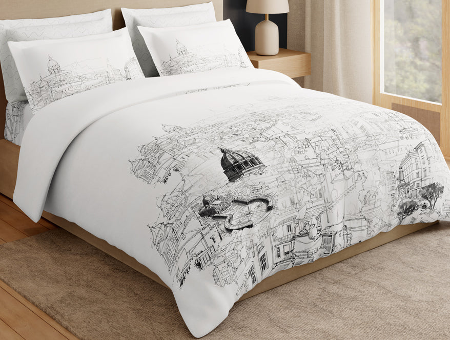 Essentials Premium 100% Cotton Large Bedsheet, 180 TC, Abstract, White