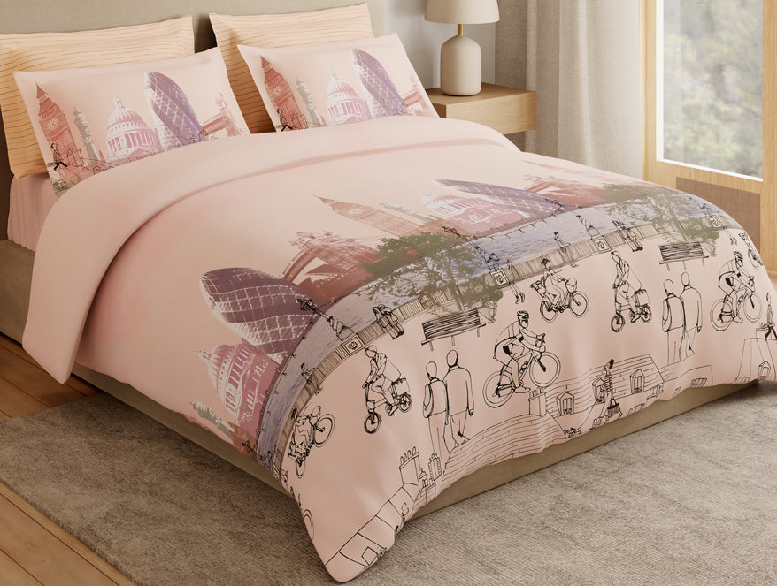 Essentials Premium 100% Cotton Large Bedsheet, 180 TC, Abstract, Light Peach