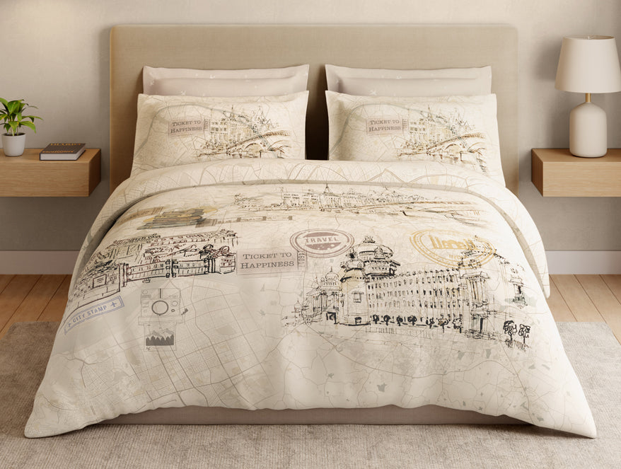 Essentials Premium 100% Cotton Large Bedsheet, 180 TC, Abstract, Beige