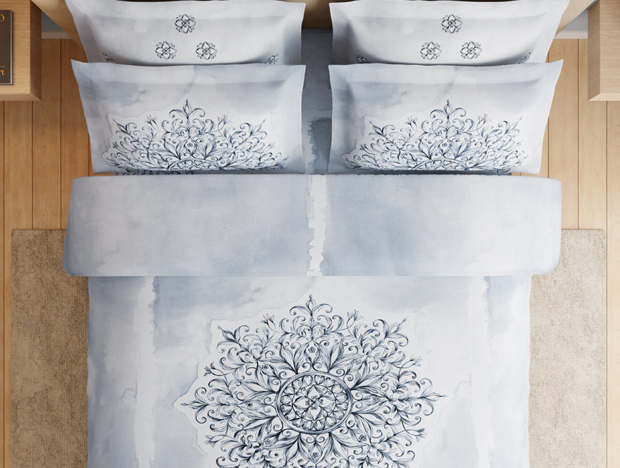 Essentials Premium 100% Cotton Large Bedsheet, 180 TC, Ornate, Light Blue