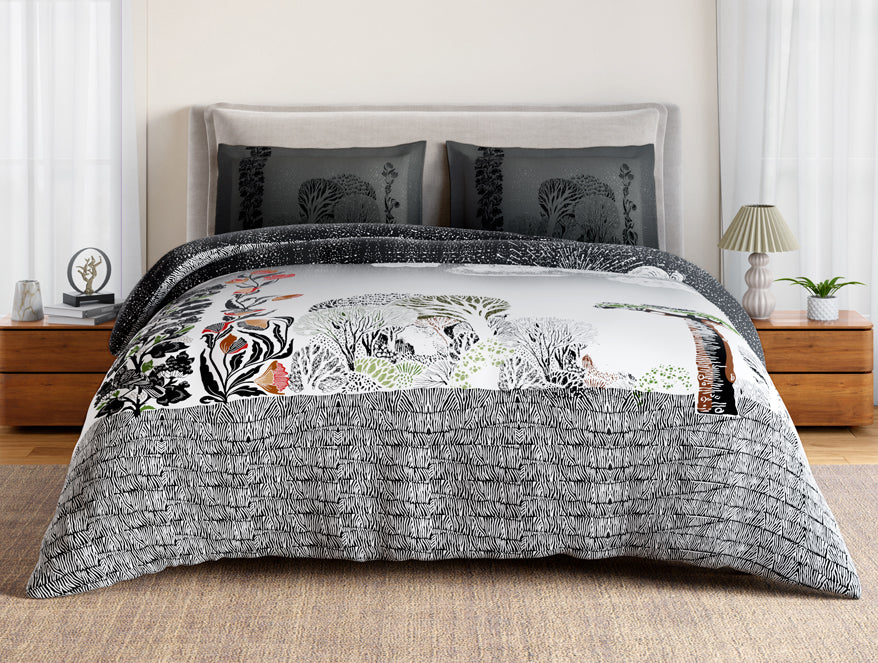 Essentials 100% Cotton Double Bedsheet, 132 TC, Floral, Dark Grey