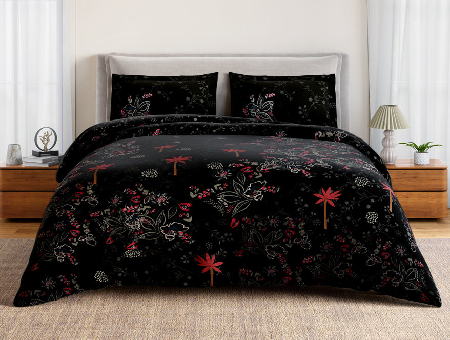 Essentials 100% Cotton Double Bedsheet, 132 TC, Floral, Black