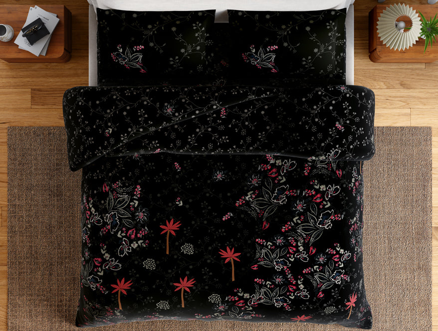 Essentials 100% Cotton Double Bedsheet, 132 TC, Floral, Black