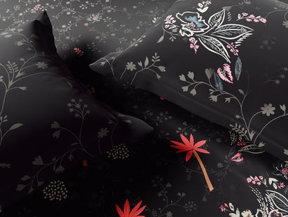 Essentials 100% Cotton Double Bedsheet, 132 TC, Floral, Black