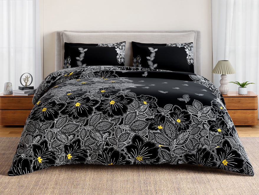 Essentials 100% Cotton Double Bedsheet, 132 TC, Floral, Black