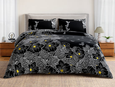Essentials 100% Cotton Double Bedsheet, 132 TC, Floral, Black