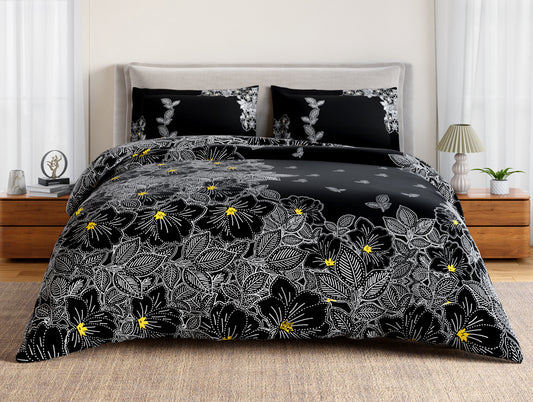 Essentials 100% Cotton Double Bedsheet, 132 TC, Floral, Black