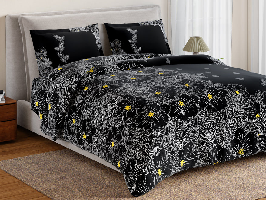 Essentials 100% Cotton Double Bedsheet, 132 TC, Floral, Black