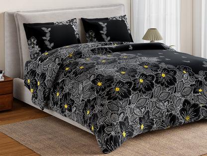 Essentials 100% Cotton Double Bedsheet, 132 TC, Floral, Black