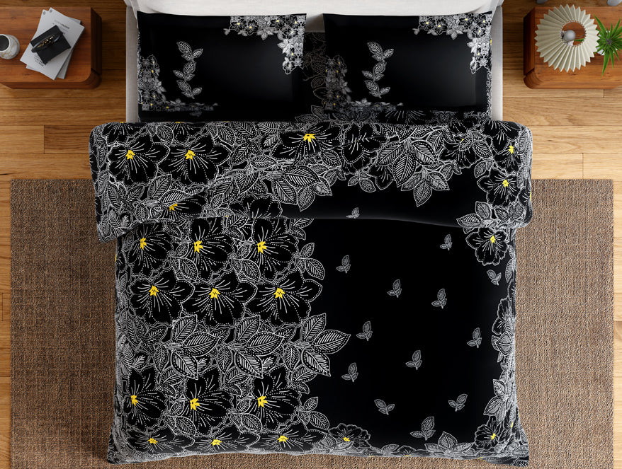 Essentials 100% Cotton Double Bedsheet, 132 TC, Floral, Black