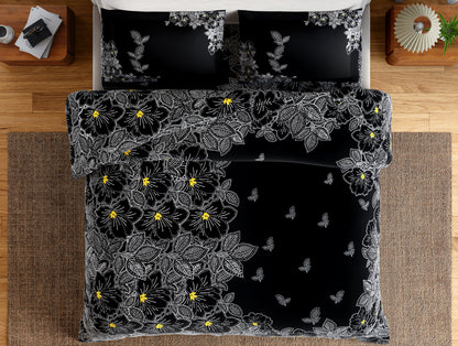 Essentials 100% Cotton Double Bedsheet, 132 TC, Floral, Black