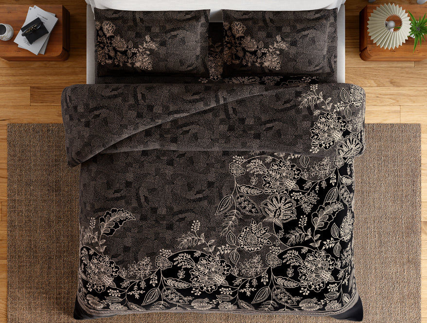 Essentials 100% Cotton Double Bedsheet, 132 TC, Floral, Dark Grey