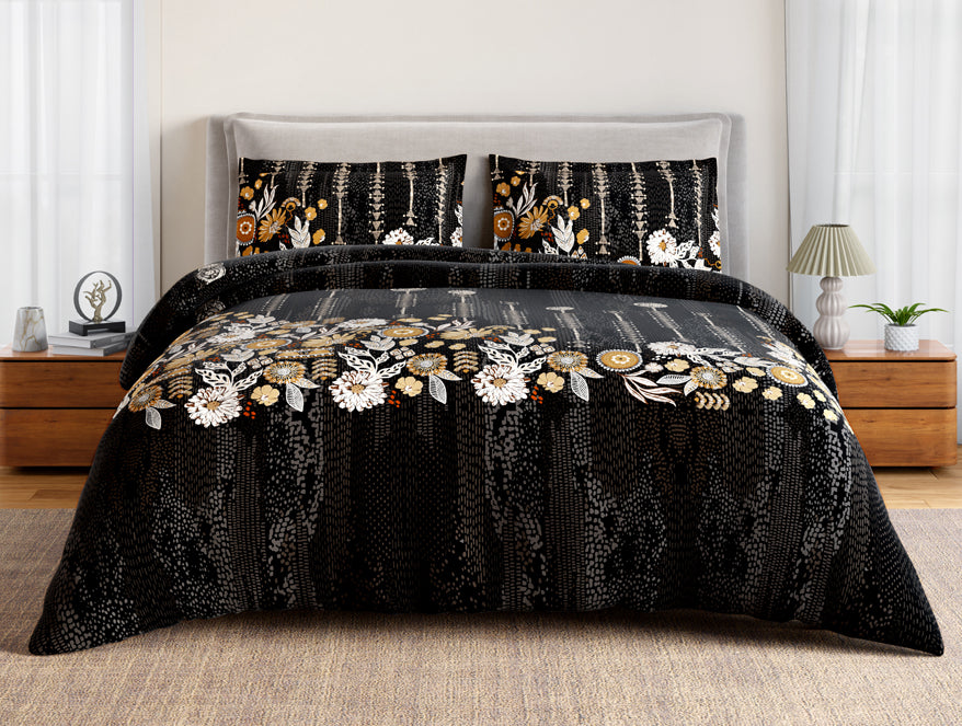 Essentials 100% Cotton Double Bedsheet, 132 TC, Floral, Dark Grey