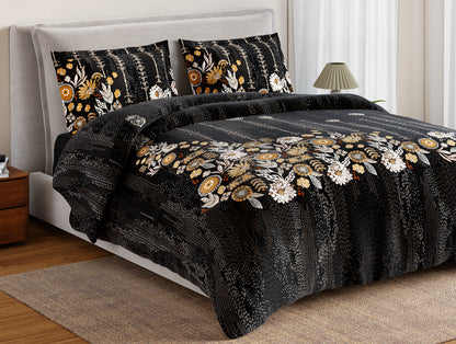 Essentials 100% Cotton Double Bedsheet, 132 TC, Floral, Dark Grey