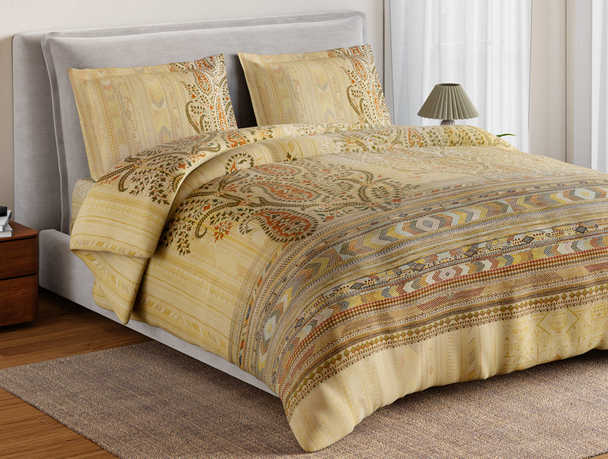 Essentials 100% Cotton Double Bedsheet, 132 TC, Ornate, Light Yellow