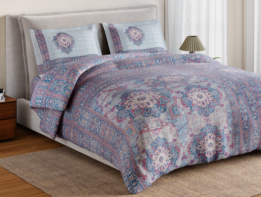 Essentials 100% Cotton Double Bedsheet, 132 TC, Ornate, Grey