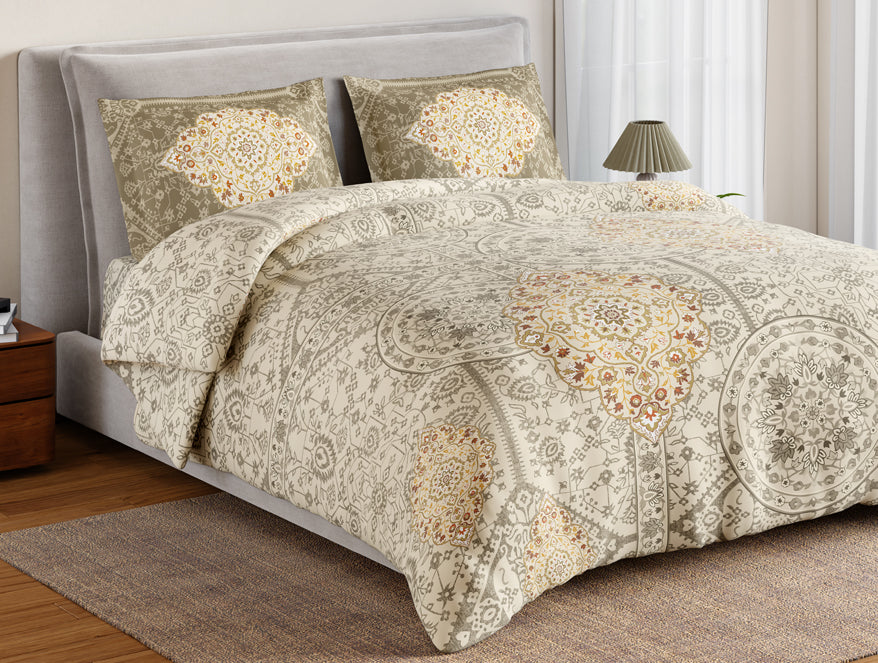 Essentials 100% Cotton Double Bedsheet, 132 TC, Ornate, Cream