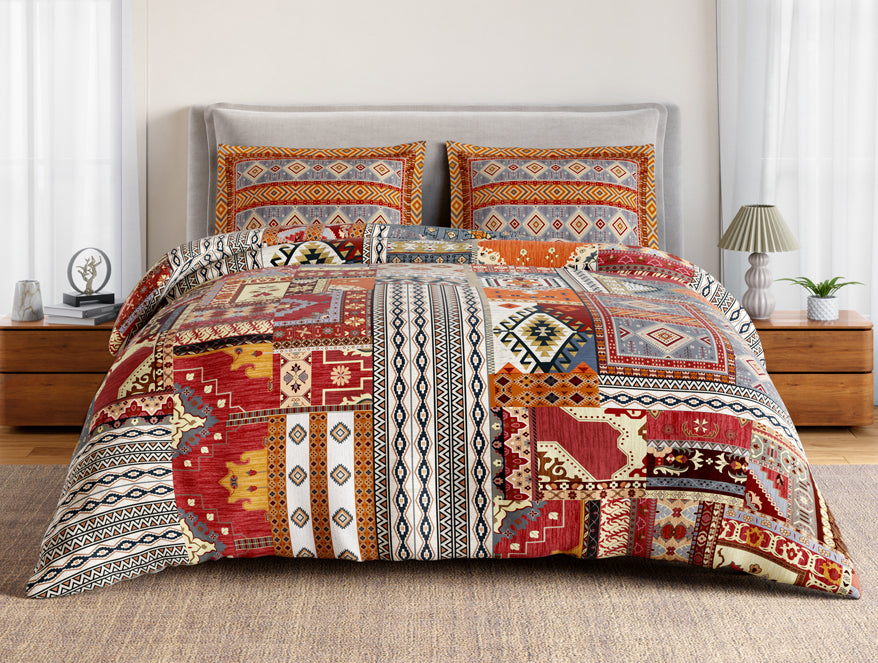 Essentials 100% Cotton Double Bedsheet, 132 TC, Ornate, Dark Orange