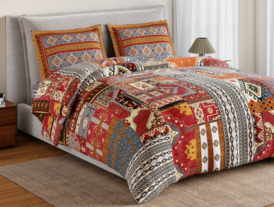 Essentials 100% Cotton Double Bedsheet, 132 TC, Ornate, Dark Orange
