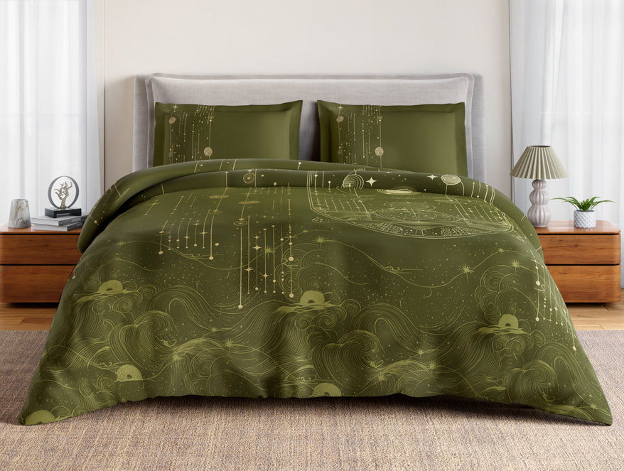 Essentials 100% Cotton Double Bedsheet, 132 TC, Abstract, Green