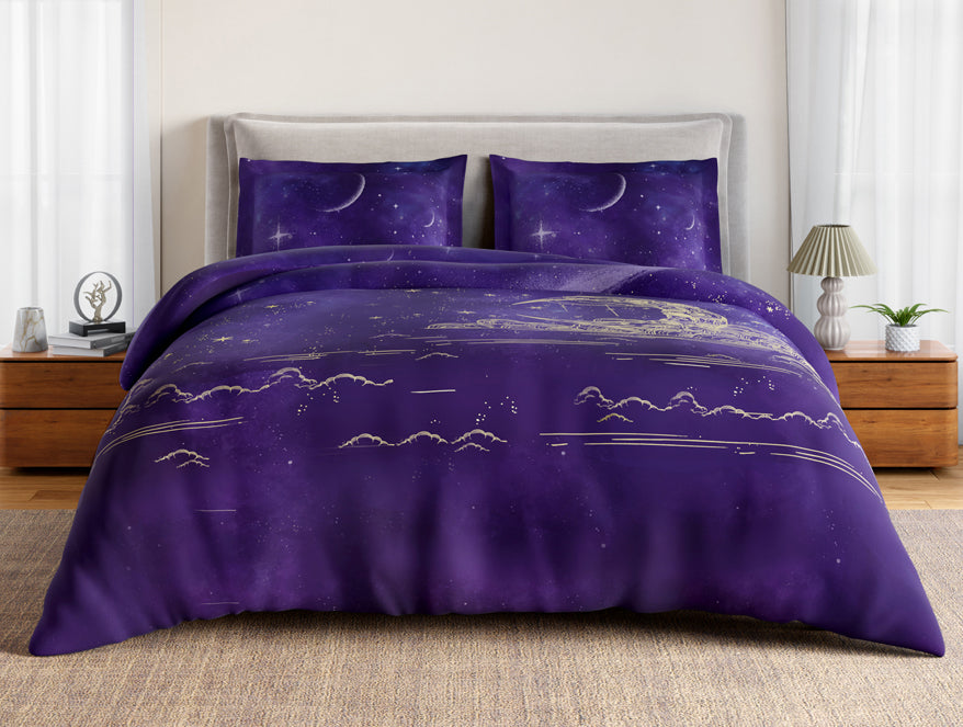 Essentials 100% Cotton Double Bedsheet, 132 TC, Abstract, Dark Violet