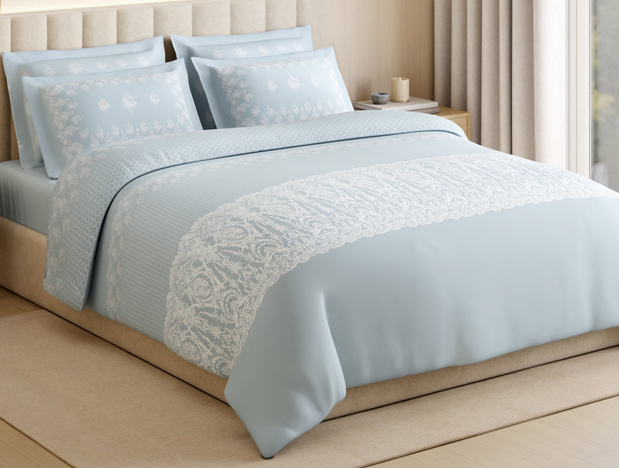 Luxury Alive 100% Cotton Large Bedsheet, 300 TC, Ornate, Light Aqua