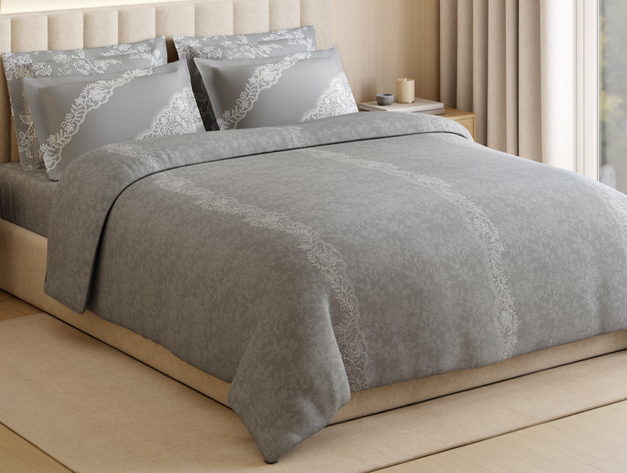 Luxury Alive 100% Cotton Large Bedsheet, 300 TC, Floral, Light Grey