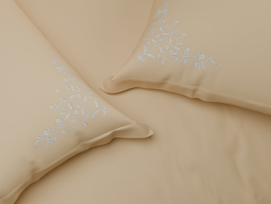 Luxury Celestia 100% Cotton Large Bedsheet, 800 TC, Embroidered, Beige