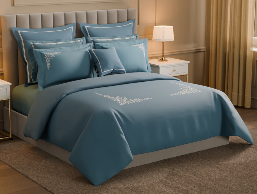 Luxury Celestia 100% Cotton Double Duvet Cover, 800 TC, Embroidered, Dark Blue