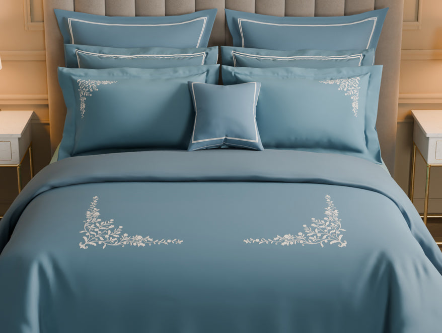 Luxury Celestia 100% Cotton Double Duvet Cover, 800 TC, Embroidered, Dark Blue