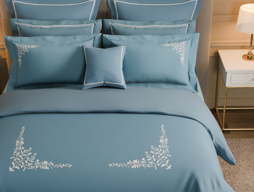 Luxury Celestia 100% Cotton Double Duvet Cover, 800 TC, Embroidered, Dark Blue