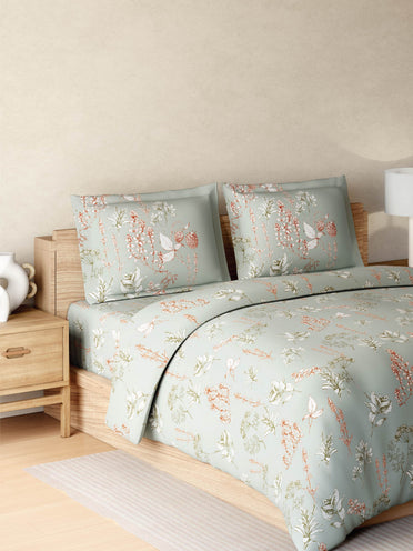 Zera Hygro Cotton 233 TC Percale Weave Floral Print Large Bedsheet with 2 Pillow Covers, Light Grey