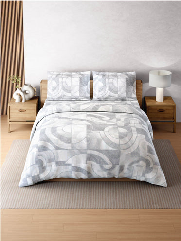Zera Hygro Cotton 233 TC Percale Weave Geometric Design Large Bedsheet with 2 Pillow Covers, Light Grey